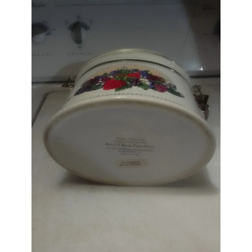 Knott's Berry Farm‎ Ceramic Canister with Metal Clamp and Fruit Design, Vintage